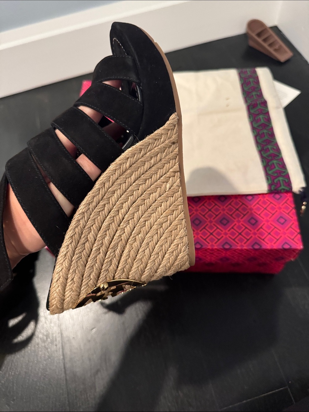 Tory Burch Black Suede Espadrille Wedge Sandals with Gold Logo - Picture 10 of 12